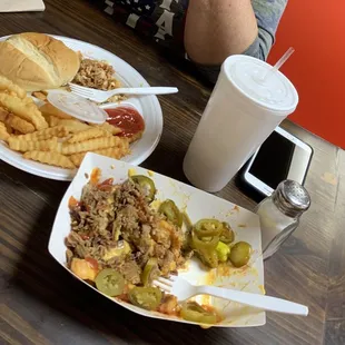 Brisket Cheesefries, w beans on the side. Pork Sandwich plate