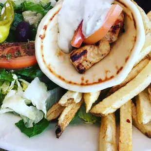 Chicken wrap, Greek Salad, fresh cut fries
