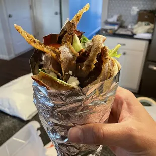 a hand holding a wrap of food