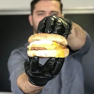 Bagel sausage  egg and chesse