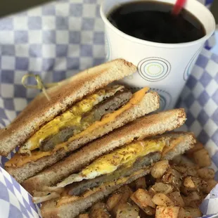Sausage egg and cheese with home fries and hot coffe $7.99
