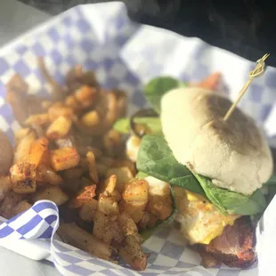 English Muffins sandwich with Home Fries and Hot Coffee or Orange Juice  7.99