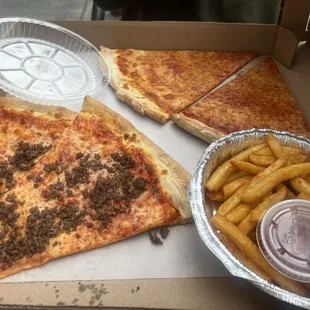 Cheese pizza, beef sausage &amp; fresh fries