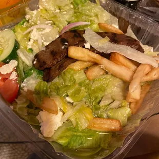 Gyro over lettuce that should've been thrown out a couple days ago.