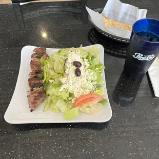 Most delicious Lamb Kebab Salad with a nice light Greek dressing and feta fresh fresh fresh!