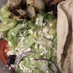 One Chicken Skewer dinner plate (includes salad &amp; Syrian bread) $9 - big chunks of chargrill chicken &amp; onion deliciousness.