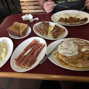 2 Chocolate chip pancakes, 2 scrambled eggs side of bacon, and the Jimmys Special.