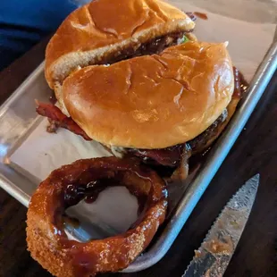 Smokehouse burger --we cut and took out onion ring because altogether it was too big to bite.