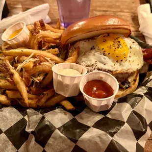Egg burger with truffle fries!