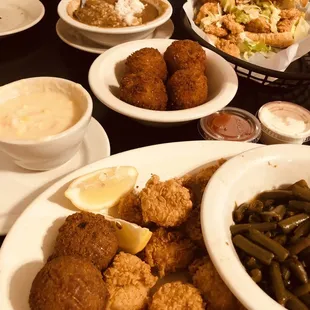Shrimp po-boy. Chicken &amp; sausage gumbo. Boudin balls (6/order)-our favorite tonight!! Shrimp plate &amp; hush puppies.