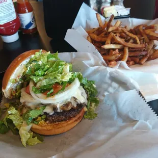 Swiss and mushroom burger and their version of a small order of fries