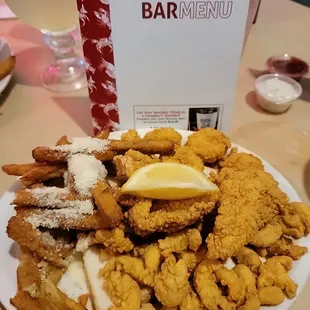 Catfish, shrimp and crawfish with eggplant fries. Yummm