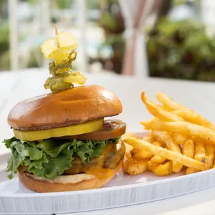 a hamburger and french fries