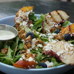 Grilled peach salad with lemon honey vinaigrette