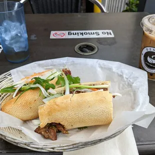 Banh mi (pork) and coffee with boba