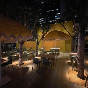 tables and chairs under umbrellas