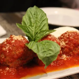 a plate of meatballs with sauce and a sprig of basil