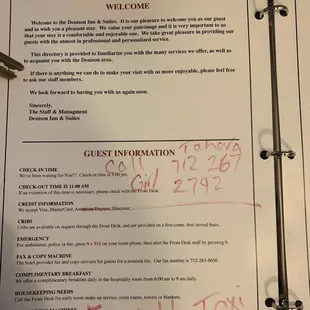 The guest information  book in our room