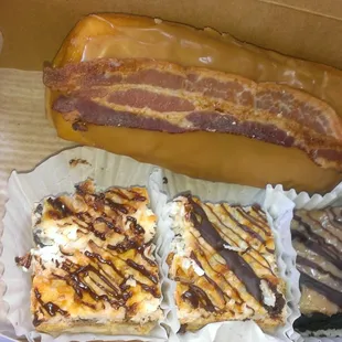 Carmel bacon long john and 7 layer bar and German Chocolate brownie