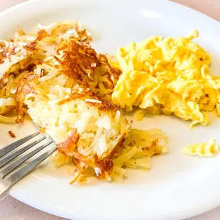 Hash browns, 2 eggs - scrambled