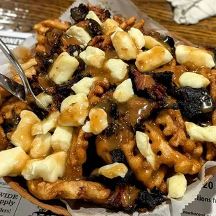 Turkey Burnt Ends with maple waffle fries, cheese curds and maple turkey gravy