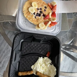 Double Berry Banana Pancake Slam, Fresh Seasonal Fruit, Sausage, Egg