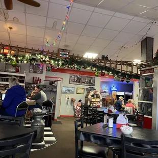 people sitting at tables in a restaurant
