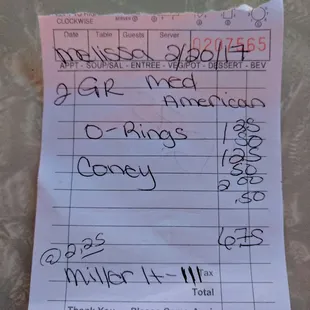 This is STUPID cheap... Two half pound burgers, onion rings, a coney dog, and three beers for $12.75