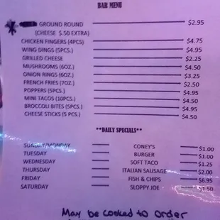 Menu. Prices increased in 2018.
