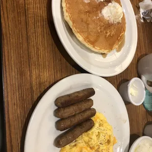 Eggs scrambled with cheese-sausage and buttermilk pancakes