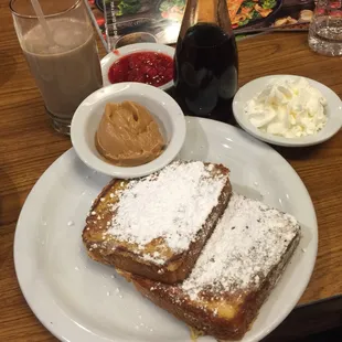 French Toast Topped With Powdered Sugar + Some Peanut Butter, Strawberries &amp; Whipped Cream On The Side + Chocolate Milk!!