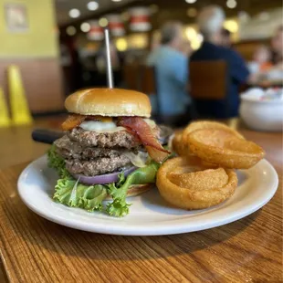Beetlejuicy Burger and delicious onion rings!