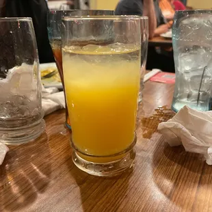 a glass of orange juice on a table