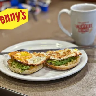 Having it my way! English muffin, avocado, and eggs. Coffee, of course.