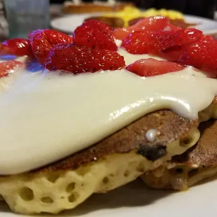 Strawberry and white chocolate chip pancakes