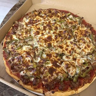 14&quot; Large Create Your Own Pizza sausage, green pepper, mushroom.