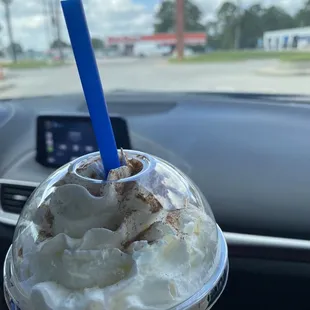 Blended chai tea blended w/ whipped cream and topped with cinnamon