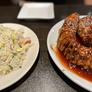 Shrimp fried rice and dragon eggplant (spiral cut, tempura fried eggplant with sweet and sour sauce)