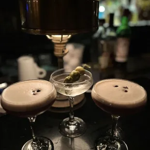 Dirty gin martini and espresso martini