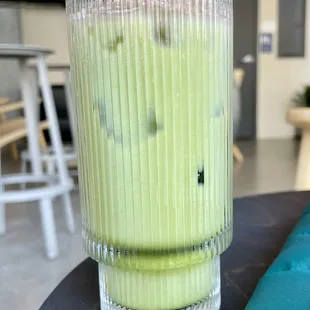 Iced matcha latte with vanilla and cinnamon