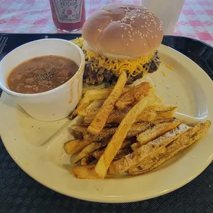 Old Fashioned CB, fries, beans.