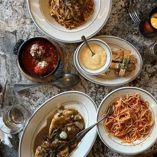 tagliatelle bolognese, chicken cutlet marsala, meatball, and polenta fries