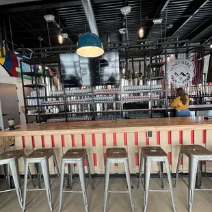 a bar with metal stools