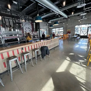a bar with stools and tables