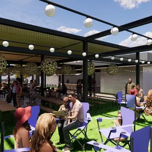 a group of people sitting on lawn chairs