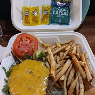 Burger box served with French fries