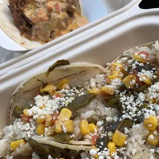 3 veggie tacos, and a cheese steak taco