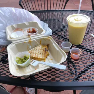 Chicken quesadilla, orange mango smoothie