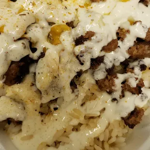 Cheeseburger over rice