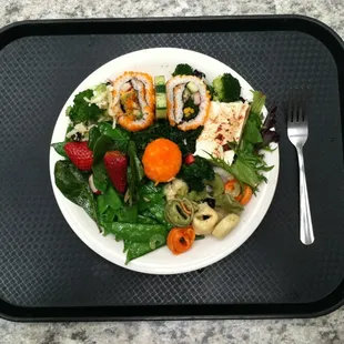 Balsamic strawberries, spicy tofu, veggie cheese pasta, kale, veggie sushi, spring beans, dill cucumber, radish and more...